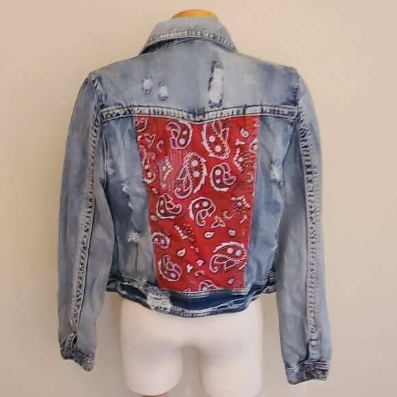 White Crow Red Bandana Distressed Jean Jacket - Picture 1 of 10